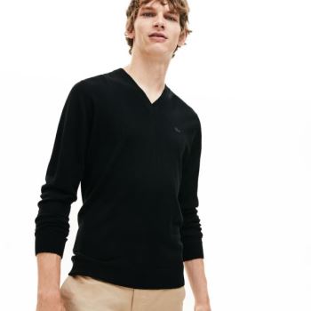 Lacoste V-neck Wool Jersey Sweater Pánské - Svetr Černé | CZ-aOteHo